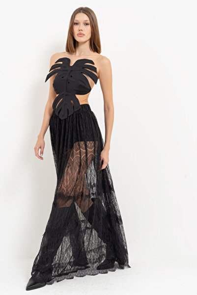 Kikiriki Black Elastic Waist Long Lace Skirt