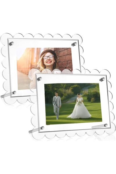 EXCEFORE Acrylic Picture Frame 4 x 6 Inch, 2 Pack Clear Scalloped Double-Sided Magnetic Photo Frame