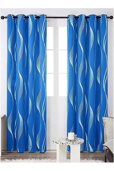 Generic Bukela 2-Piece Wave Line Foil Printed Thermal Insulated Blackout Curtains Dark Blue/Silver