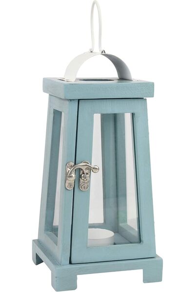 Stonebriar Coastal Wooden Tea Light Candle Lantern, 10.6 Inch, Worn Blue