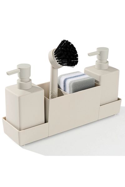 Choice 450l Beige Kitchen Soap Dispenser with Sponge Holder Set for Sink Caddy, Hand Soap and Dish Soap Dis