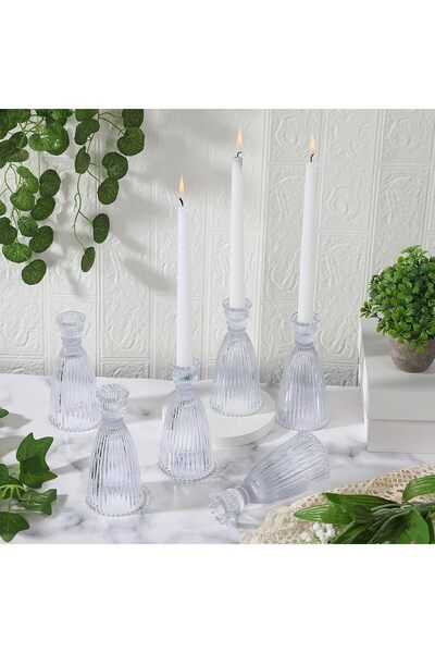 TERRIFI مجموعة حاملات شموع مدببة مكونة من 6 قطع، حاملات شموع كريستالية طويلة شفافة من الزجاج