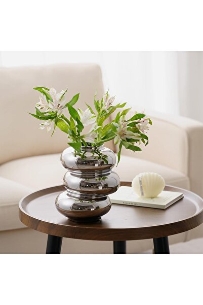 AZONEE Modern Silver Ceramic Doughnut Vase - Stylish Decorative Flower Holder (1 Piece)