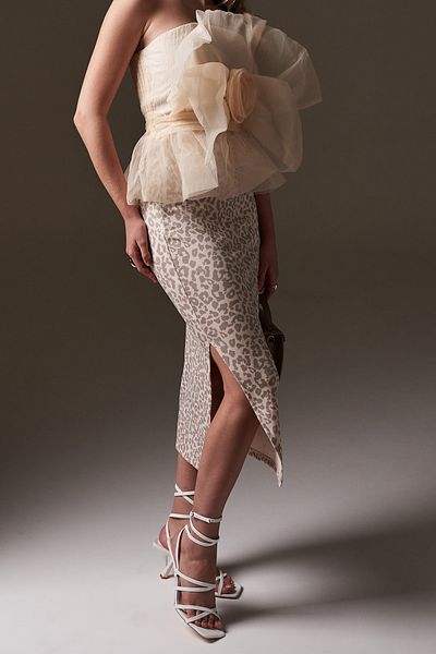 Moije Women's Leopard Patterned Gray Cream Slit Midi Skirt