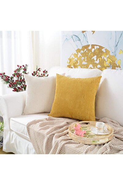 MERNETTE Pack of 2 Corduroy Decorative Rectangle Throw Pillow Covers 12x20 Inch (Striped Cream)