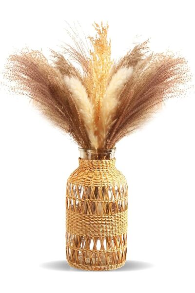 EXCEFORE Rustic Farmhouse Hand-Woven Boho Glass Vase (Does Not Include Pampas Grass)