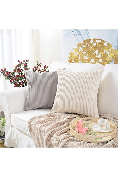 MERNETTE Pack of 2 Corduroy Decorative Rectangle Throw Pillow Covers 12x20 Inch (Striped Cream)