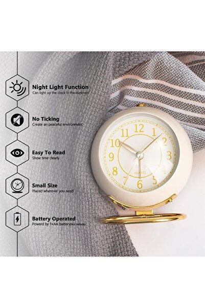 Khazna Desk Alarm Clock with Light, Silent No Ticking - Vintage