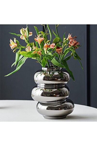 AZONEE Modern Silver Ceramic Doughnut Vase - Stylish Decorative Flower Holder (1 Piece)