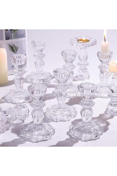 007 حامل شموع زجاجي مدبب من سيميتول، ١٢ قطعة، بتصميم زهور عتيقة (شفاف)