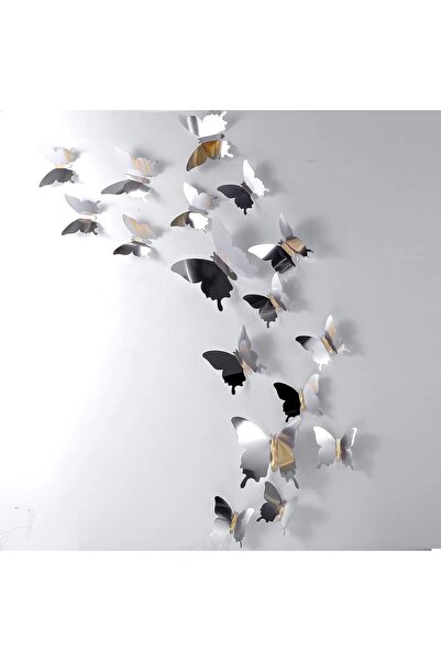 BBTO 48pcs 3D Butterfly Wall Stickers, Silver Mirror Design, Modern Style, PE...