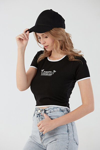 Fulla Moda Romantic Longisland Nakışlı Crop Tişört