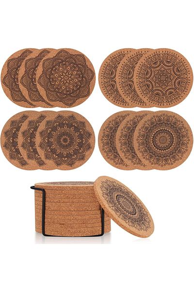 Generic 12 Pcs Cork Cups Coasters for Table,Drinks Coasters Holder Round Restaurant Warm Dining Mat