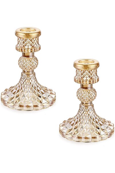 SYOSI Glass Candle Holder Set of 2, Taper Candlestick Holders (Gold)