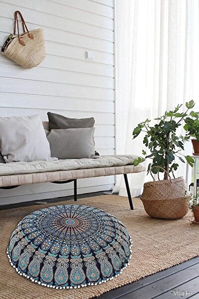 Generic Mandala 32-inch Round Floor Cushion Cover, Bohemian Hippie Decorative Sofa Cover (Blue, L)
