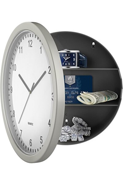 stalwart Secure Wall Clock - 25 cm Battery Analog Clock with Hidden Storage Shelf (Silver/White)