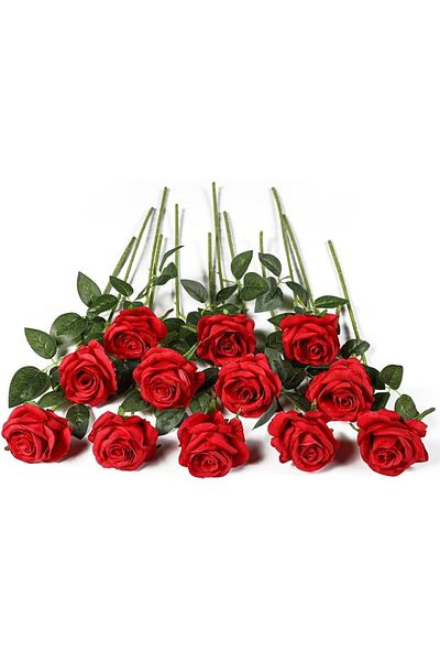 Generic Kisflower 12Pcs Roses Artificial Flowers Realistic Single Stem Flowers Silk Rose Bouquet for Weddin