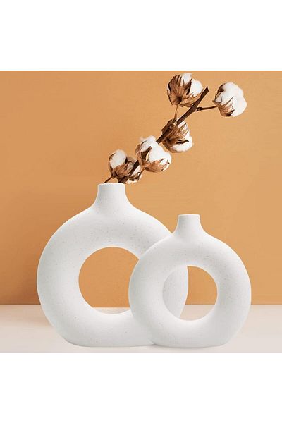 Generic Noczom White Creative Circle Ceramic Vase 2 Pieces Set, Modern Minimalist Round Hollow Vase, Creati