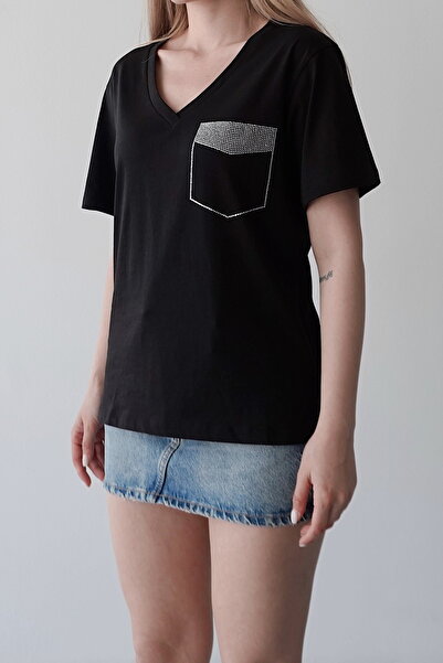 Somut istanbul تي شيرت نسائي من القطن بأكمام قصيرة ومزين بحجر