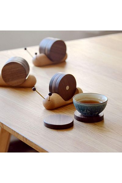 Generic HOOPZOZA 5pcs Cup Coaster with Lovely Snail Holder Black Walnut Wood Magnet (A-Snail set)