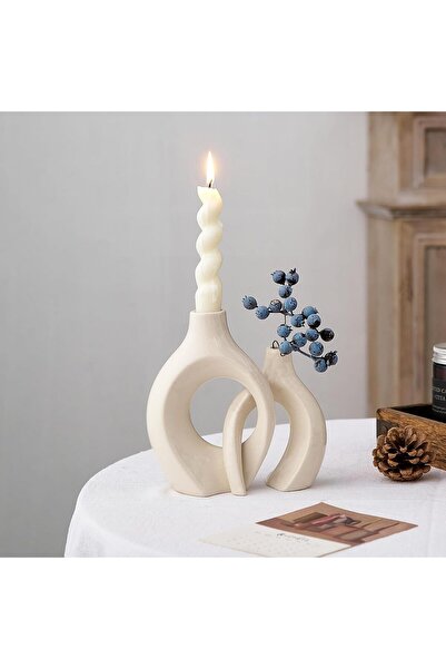 EXCEFORE White Ceramic Candle Holder, Modern Minimalist Taper Candle Holder, Ivory