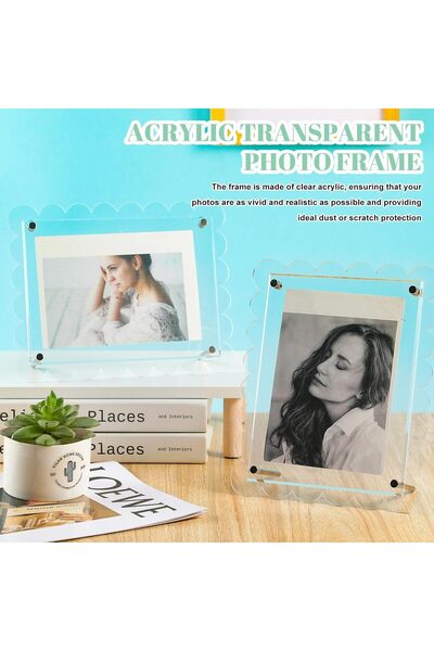 EXCEFORE Acrylic Picture Frame 4 x 6 Inch, 2 Pack Clear Scalloped Double-Sided Magnetic Photo Frame