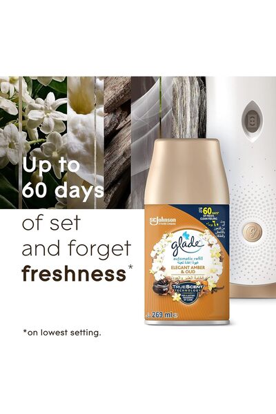 Glade Automatic Air Freshener Spray Holder with Scented Elegant Amber & Oud Refill Starter Kit, 269m