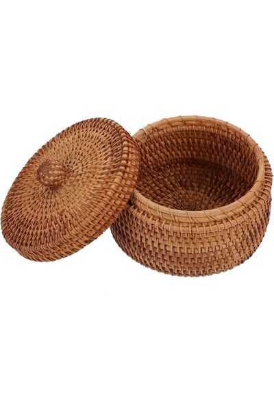 Generic Rattan Storage Box, Round Hand Woven Rattan Box Desktop Woven Box Rou...