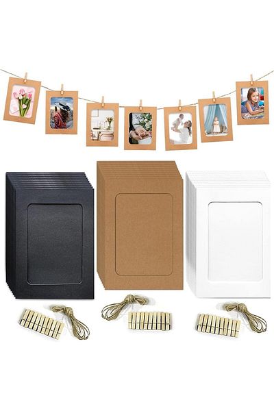 Generic ALMEKAQUZ 30Pcs Paper Picture Frames 4.5x6 inch, Photo Hanging Display with Clips and Strings, DIY