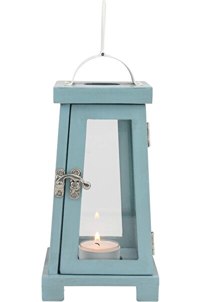 Stonebriar Coastal Wooden Tea Light Candle Lantern, 10.6 Inch, Worn Blue