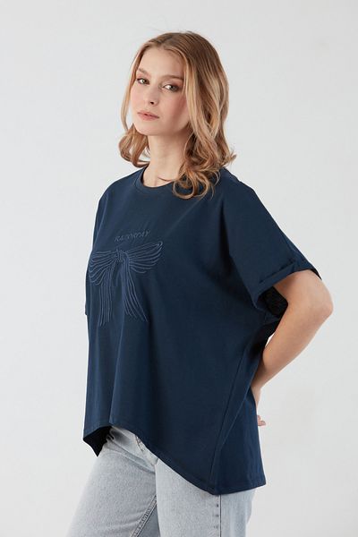 Fulla Moda Oversize T-Shirt with Text and Bow Embroidery