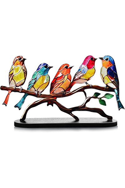 KASTWAVE زينة سطح المكتب من الزجاج الملون على شكل طيور على أغصان (5 طيور)