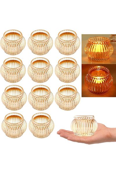 Generic Amber Tealight Candle Holder Set of 12, Amber Glass Tealight Candle Holders for Wedding Party, Tea