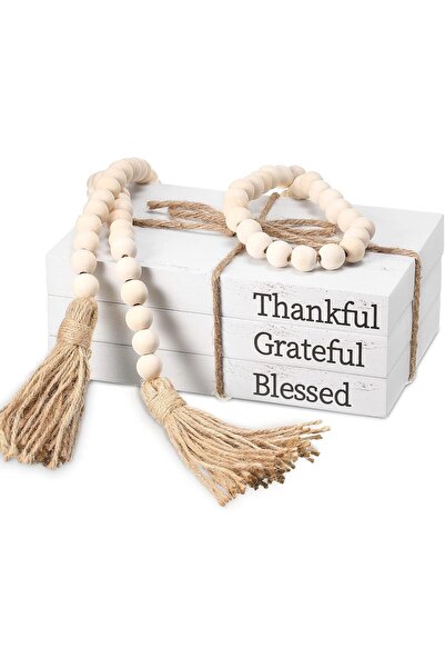 AZONEE 3 Pc Decorative White Faux Books with Wood Bead Chain (Thankful, Grateful, Blessed)