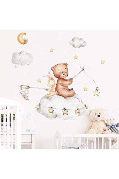 Arabest Cute Bear and Bunny on Clouds Nursery Decor, Cute Bear and Rabbit with Clouds Stars Wall Decals