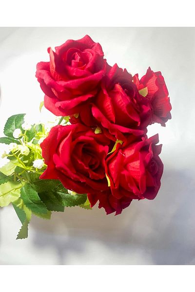 Other Elegant Decorative Artificial Rose Flowers With Green Leaves & White Buds, (1 BUNCH OF 8 ROSES)