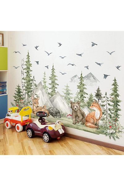 Generic Giant Mountain Forest Wall Decals, 4 Sheet of 12x36 inch Woodland Tree Wall Stickers Deer and Bear
