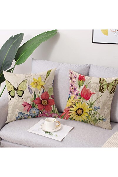 EXCEFORE 4Pc 18x18in Square Decorative Spring Pillow Covers - Floral Butterfly Linen Print