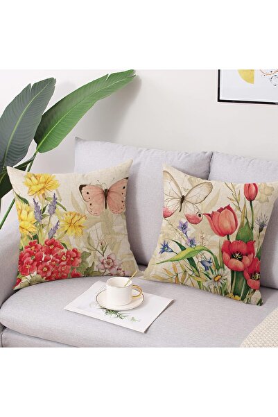 EXCEFORE 4Pc 18x18in Square Decorative Spring Pillow Covers - Floral Butterfly Linen Print