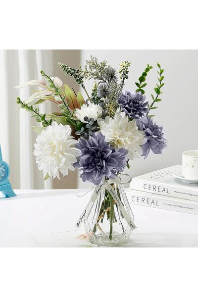 KASTWAVE باقة زهور الداليا الحريرية الصناعية - أبيض وأزرق