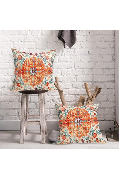 Generic Decorative Throw Pillow Covers, 45x45 cm, Vintage Boho Floral Pattern, Orange Blue, Double-Sided, Se