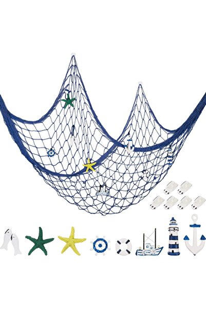 Jetec شبكة صيد بحرية مزخرفة معلقة على الحائط مع 8 زخارف بحرية (أزرق)