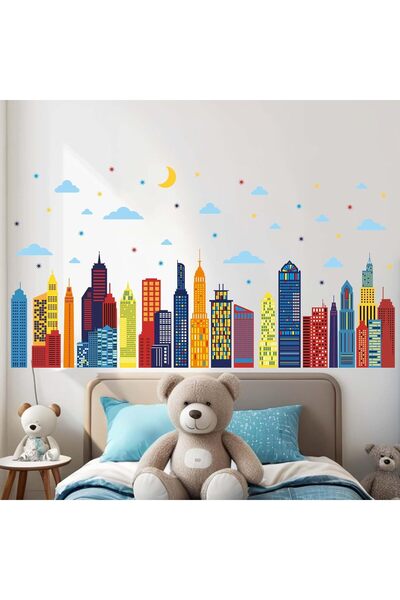 Amimagen ملصقات حائط ملونة لأفق المدينة - ملصقات مباني ظلية لغرفة نوم الأطفال...
