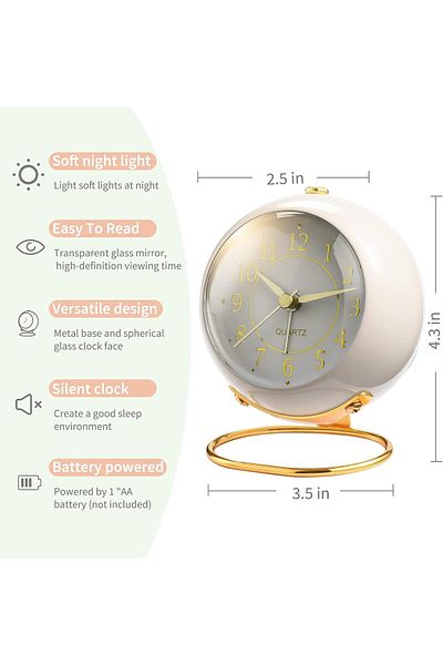 COOYA Analog Alarm Clocks with Night Light, Silent Non-Ticking, 3.5 x 4.3 x 2.5 inch (White)