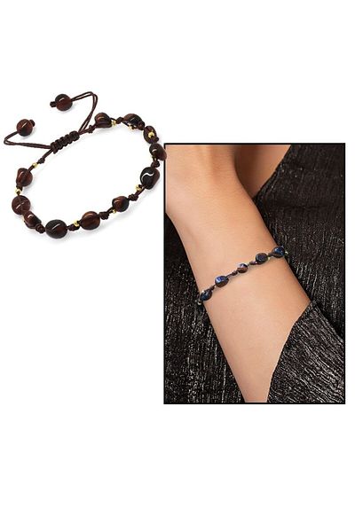 Tesbihane Macrame Braided Natural Cut Dorica Ball Detailed Dark Color Tiger Eye Natural Stone Women's Bracelet