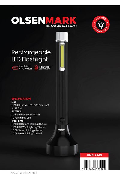 Olsenmark Rechargeable Led Flashlight – Usb Charging, 2400mah, Cob Side Light, 7h Use