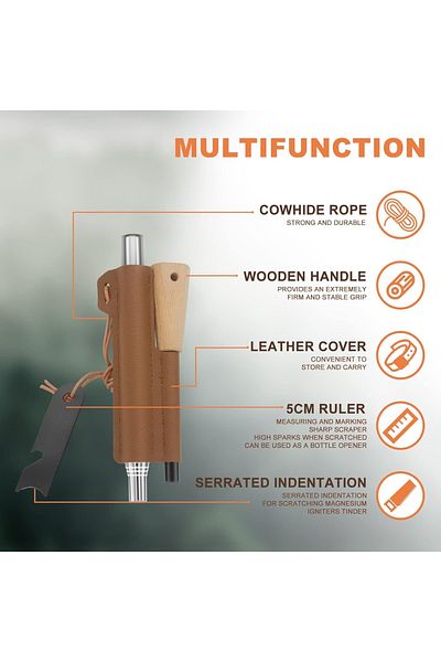Zingking Fire Starter Kit, Steel/wood/pu Leather, Silver/natural/black