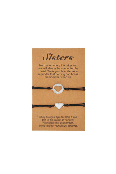 Tesbihane Black Rope Chain 316l Quality Steel Heart Design Set of 2 Sisters/friends Bracelets