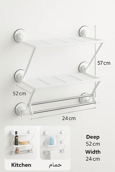 Biki Double Layers Double Rods Shelf – White Plastic Wall Mounted Bathroom & Kitchen Organizer 57x52x24cm