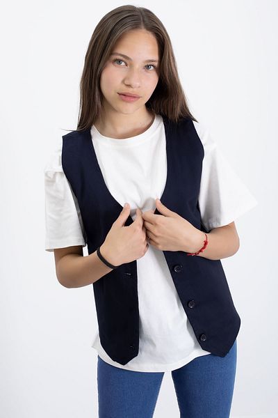 Cansın Mini Navy Blue Linen Buttoned Vest and Oversize T-Shirt Girl's 2-Piece Set 21007